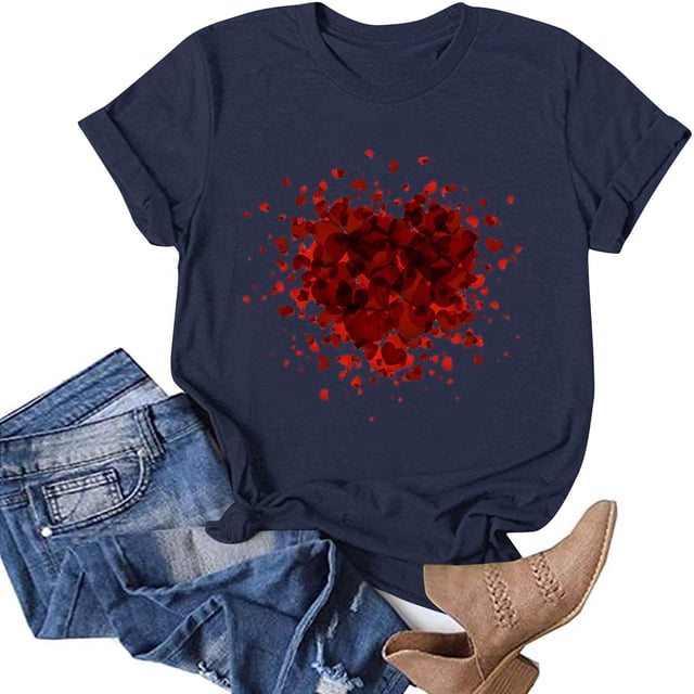 TIMIFIS Hauts à Manches Courtes pour la Saint-Valentin pour Femmes Mode Décontractée Col Rond Imprimé Cœur d'Amour T-Shirt d'Été Ample Col Rond