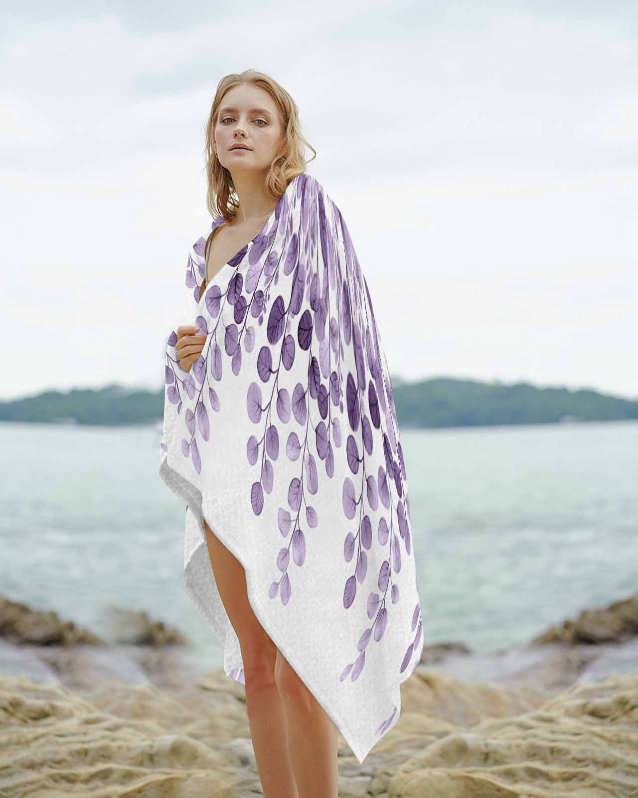 Purple Eucalyptus Leaves Beach Towels Oversized Super Absorbent, Watercolor Floral Leaf Plants Lightweight Bath Towel Quick Dry Sets For Bathroom/Pool/Rv Camping/Beach Play/Gym Room/Picnic 23"x47"