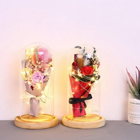 

Final Clear Out! Valentine s Day Gift New Rose Bouquet Glass Cover With LED Night Light Couple Gift-Red (without Battery)