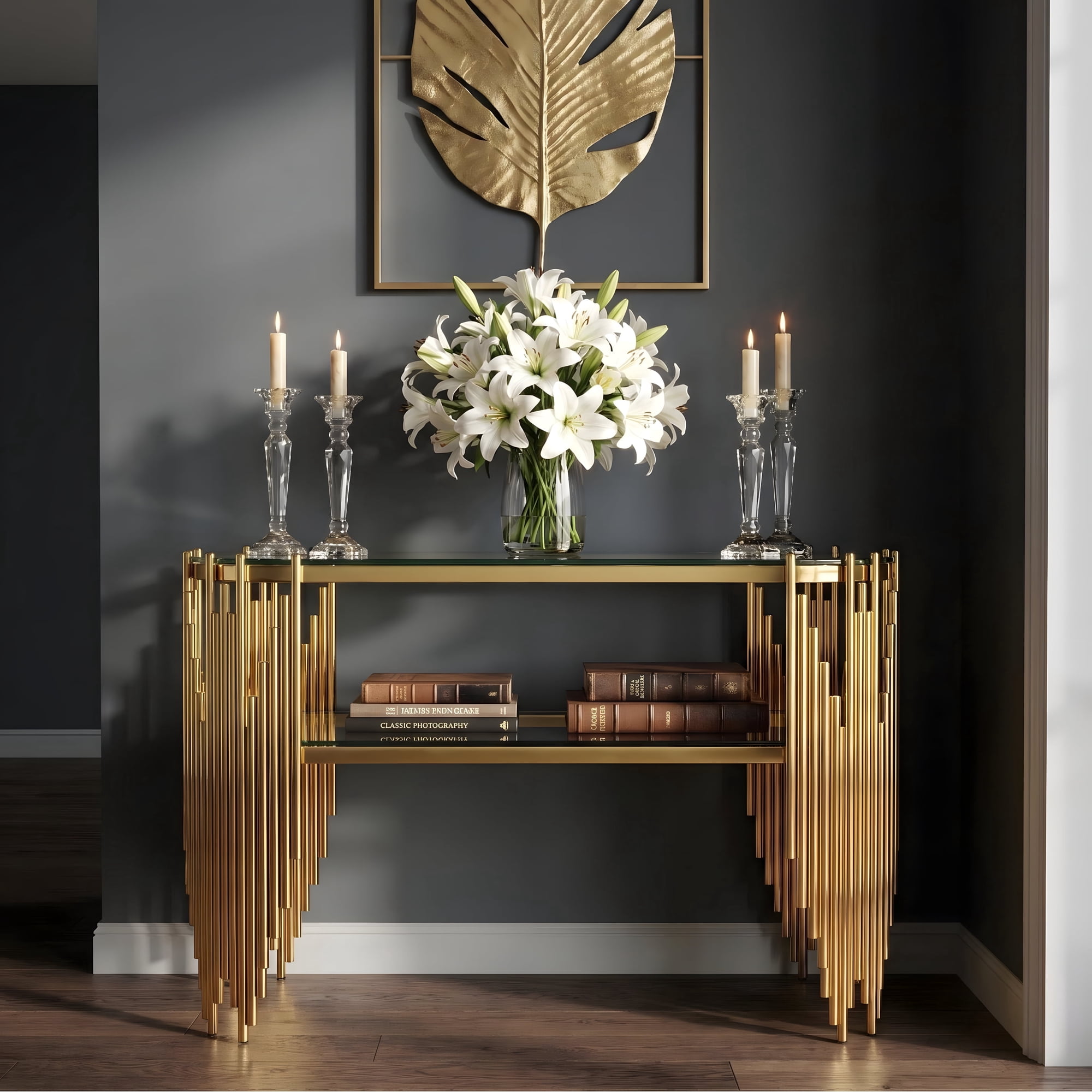 47" Luxury Glam Gold Console Table with 2-Tier Black Tempered Glass Shelves, Modern Oval Entryway Table for Hallway, Foyer & Living Room, Stainless Steel Frame (47" x 15.7" x 31.5")(Clear+Gold)