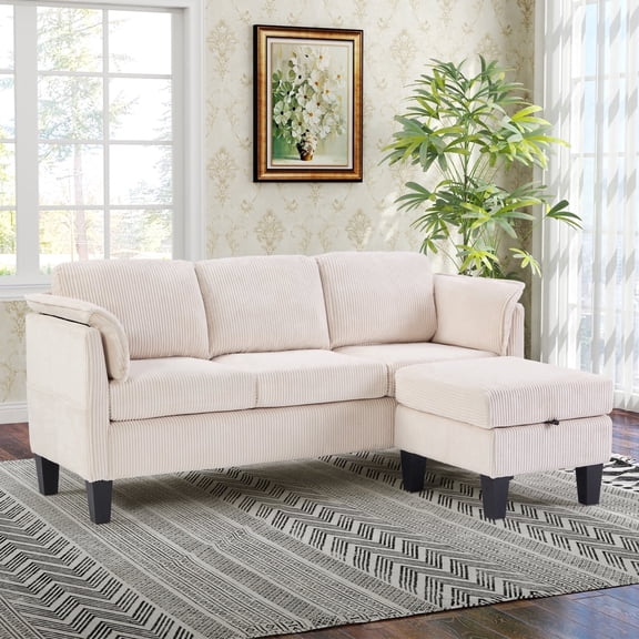 Bonzy Home 70 Inch L-Shaped Modular Sectional Sofa, 3-Seat Reversible Corduroy Couch with Storage & Movable Ottoman, Modern Convertible Living Room Sofa, Breathable Beige Fabric