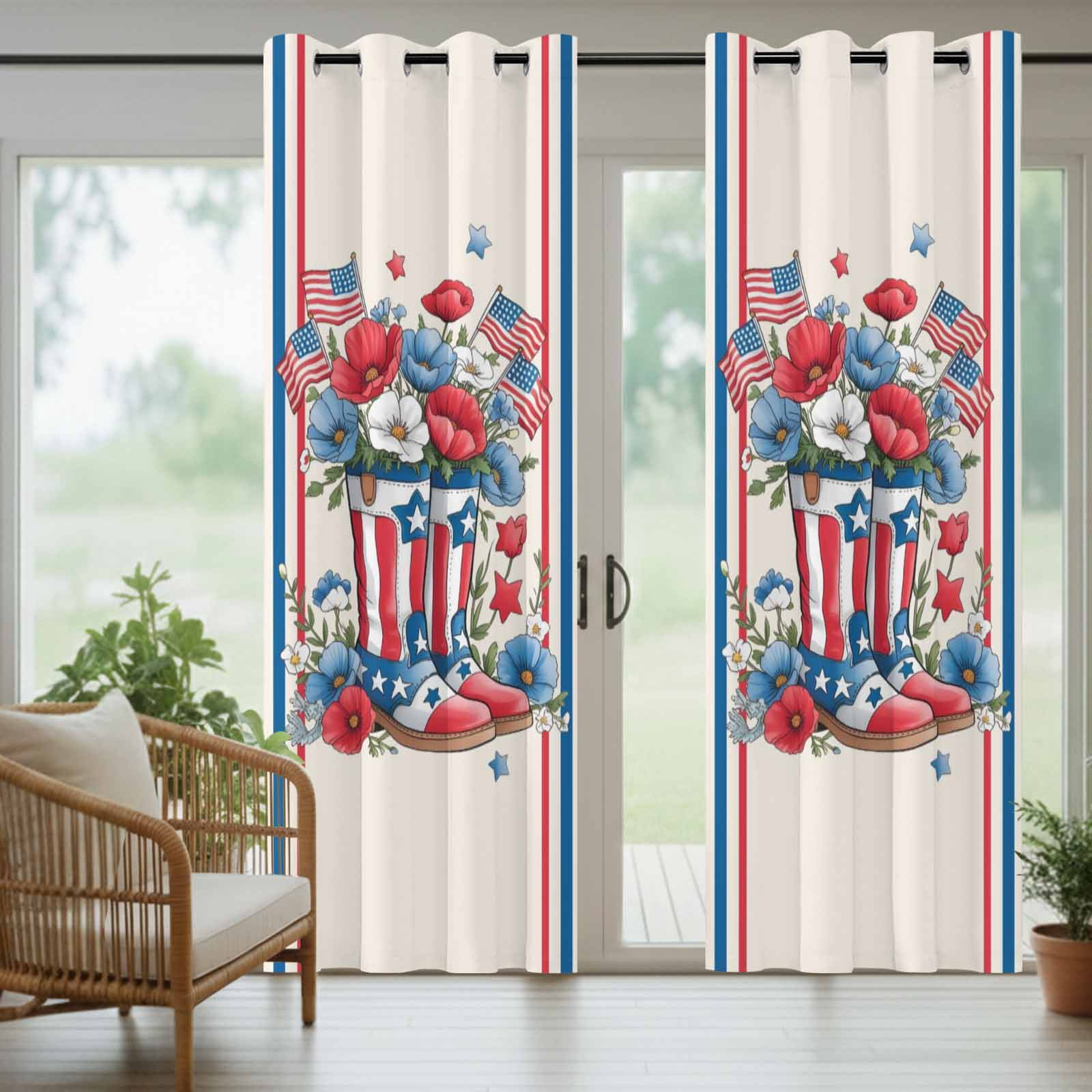 Independence Day Outdoor Curtains for Patio, U.S. Flag Themed Cartoon Boots Flowers Stripes Sunshade Privacy Drapes Grommet Waterproof Outside Curtains for Porch/Cabana/Balcony 54"x 108", 1 Panel