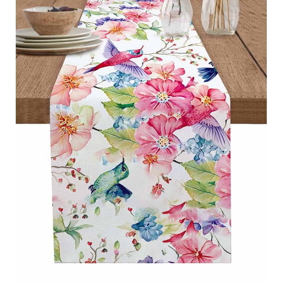 Colorful Hummingbird Table Runner 72 Inches, Spring Pink Flowers Branch Bed Runner Dresser Scarves Tabletop for Indoor Outdoor Parties/Ceremony/Banquet, 14" x 72"