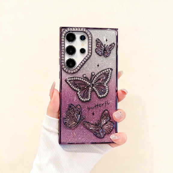 For Samsung Galaxy S26 Ultra Phone Case,Luxury Bling Gradient Glitter Back,Cute 3D Diamond Butterfly Pattern Plating Bling Case,Sparkly Diamond Camera Protection,Rugged Shockproof Phone Case,Purple