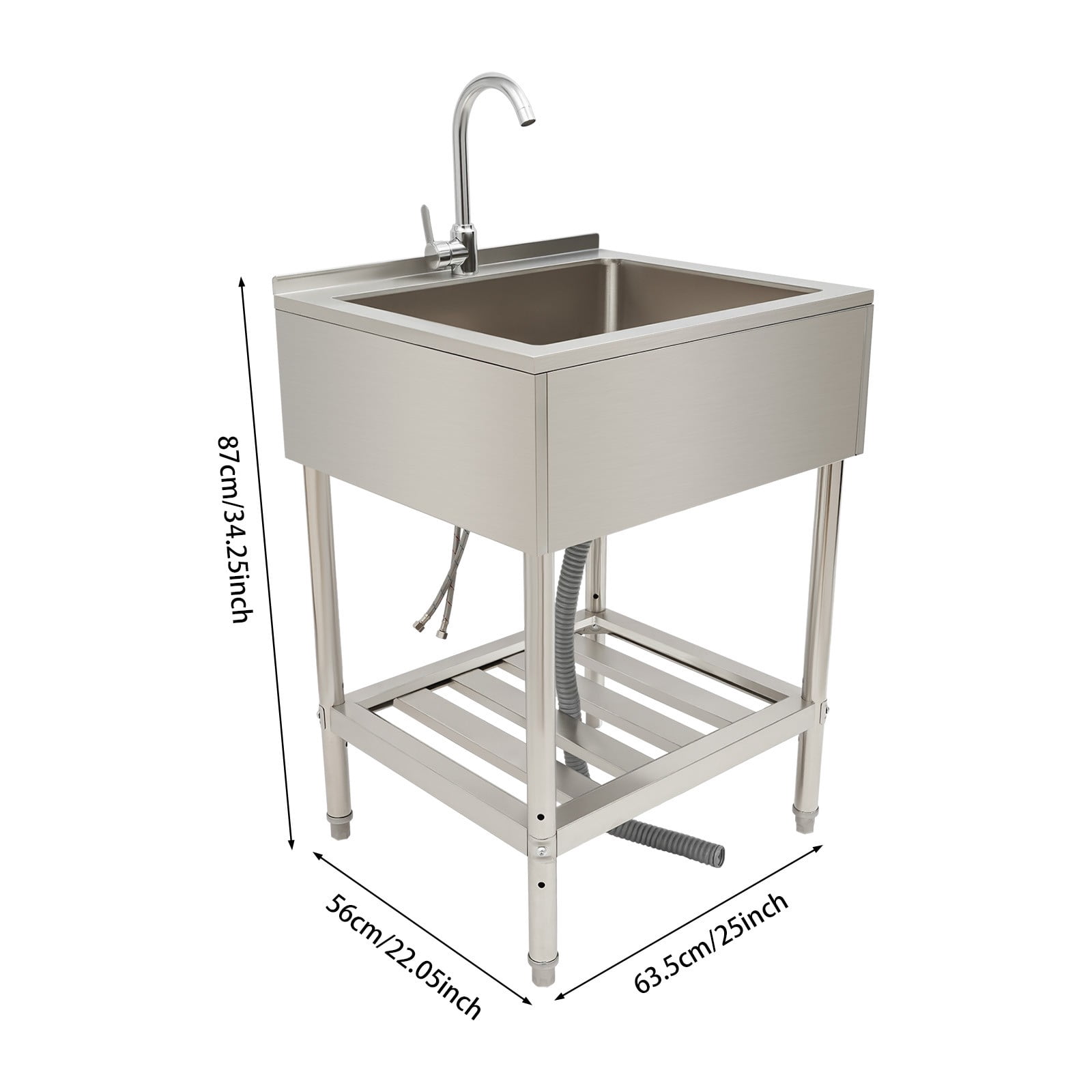 Stainless Steel Utility Sink with Faucet, 25 inch Free Standing Single Bowl Kitchen Sink with Bottom Shelf for Restaurant, Garage, Laundry, Silver