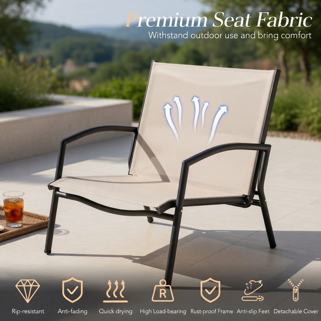 Hommoo 3-Piece Outdoor Patio Set, 2 Wide-Arm Aluminum Metal Chairs + Coffee Table, Brown