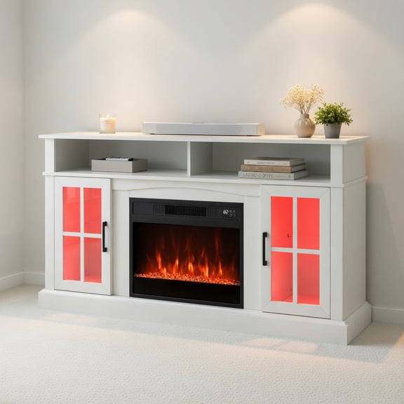 Resenkos 58 Inch Fireplace TV Stand with LED Lights, Modern Entertainment Center with Storage for Bedroom Living Room, White