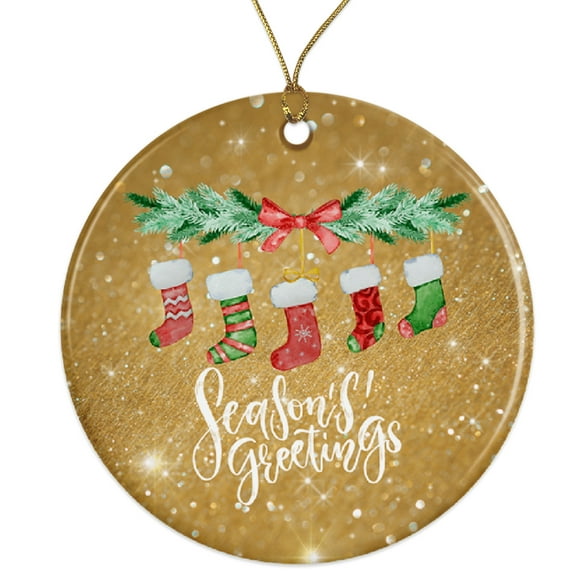 Season's Greetings Ornament | Christmas Stockings Holiday Decor Ceramic Ornament - 3 Inch Christmas Tree Round Ornament - Xmas Holiday Decor - String Included - ORNW0252