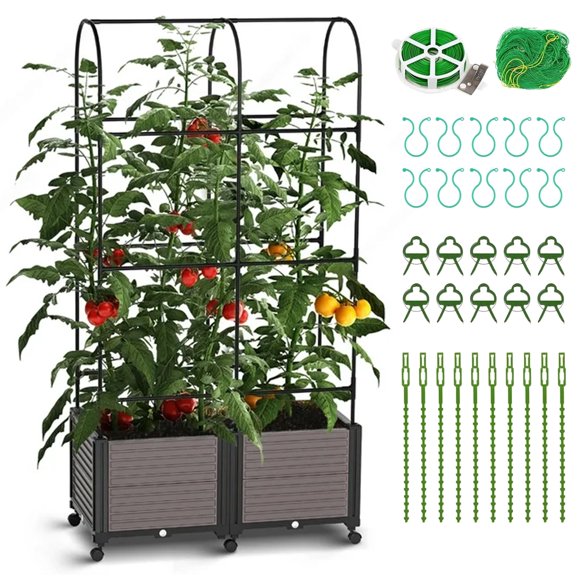Slsy Cajón de Huerto Elevado con Ruedas, Jardinera con Enrejado para Plantas Trepadoras, Tomates y Verduras, Uso Interior y Exterior