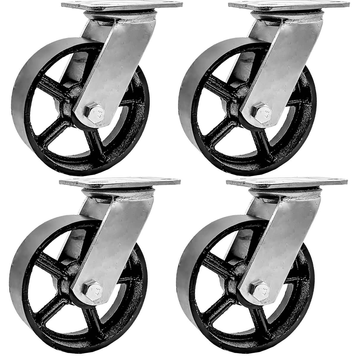 2 plate & 2 w/brake 4 Pack Combo 6" Vintage Caster Wheels Black Iron Casters 