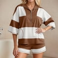 thumbnail image 2 of Women's Striped Shorts Suit V Neck Oversized Shirt and Shorts Casual Summer Activewear 2 Piece Set Brown S, 2 of 6