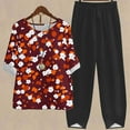 thumbnail image 2 of Baikeli Women's 2 Piece Outfits Linen Short Sleeve Set Floral Printed Crewneck Tops and Wide Leg Pants Plus Size Summer Matching Sets Ofertas relámpago Wine XXXL, 2 of 7