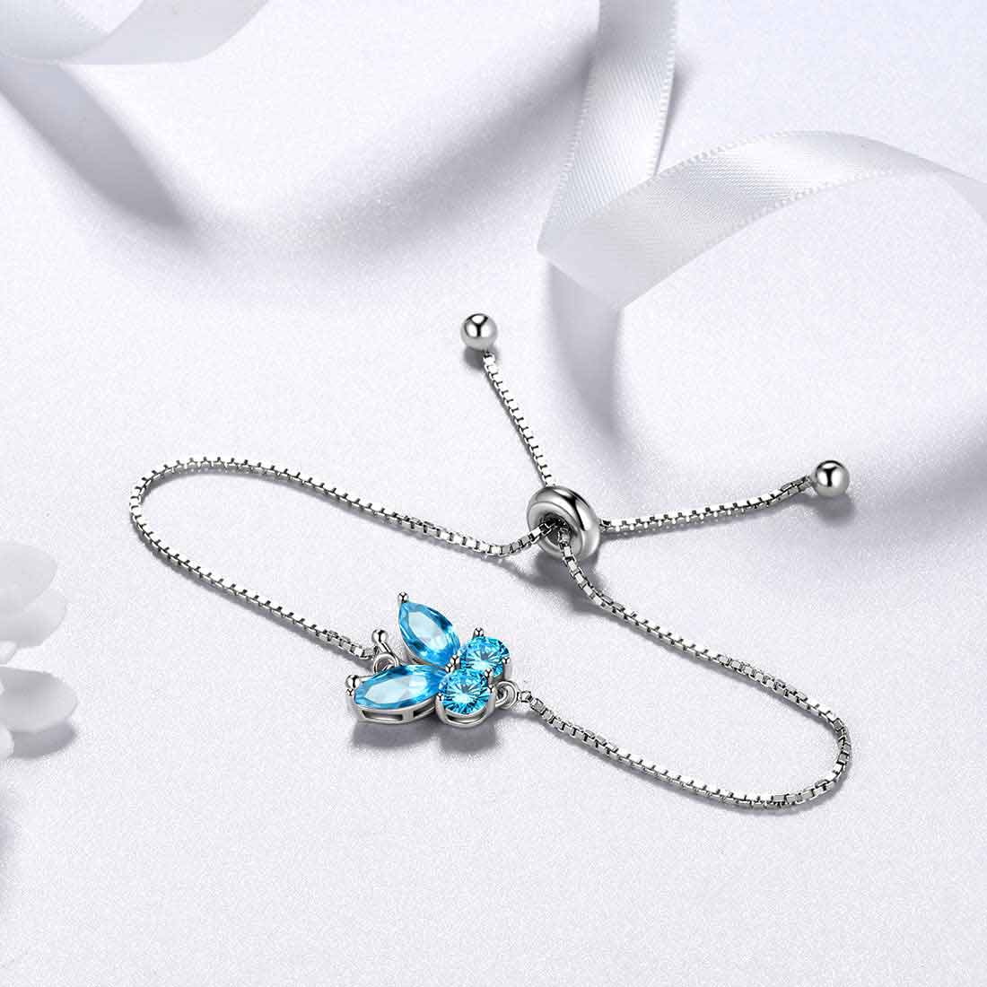 March Birthstone Bracelets Blue Butterfly Bracelet Aquamarine Crystal 925 Sterling Silver Jewelry Women Birthday Xmas Mother's Day Gift