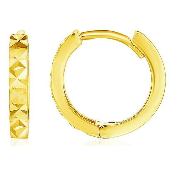 14k Yellow Gold Petite Round Hoop Earrings with Geometric Texture
