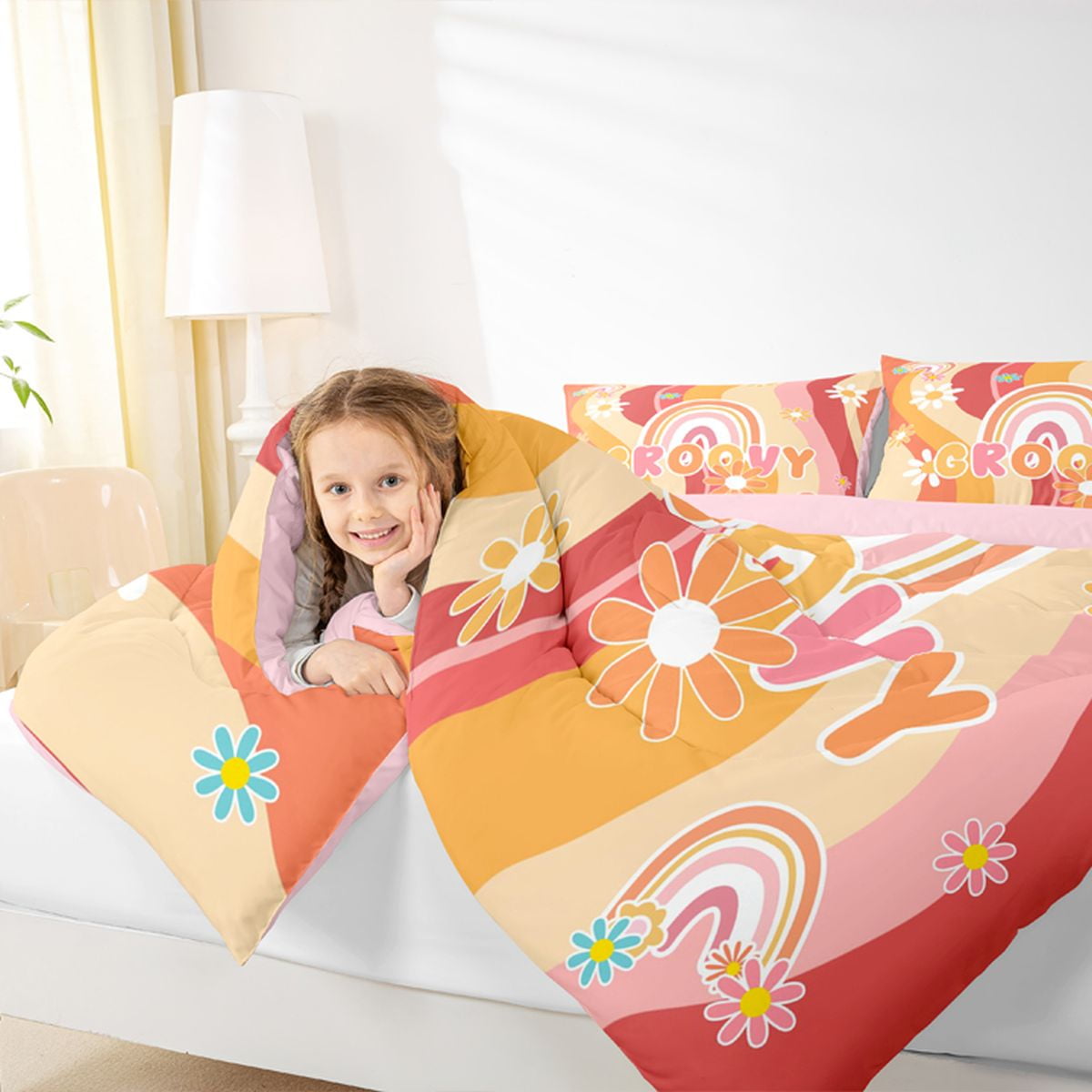Feelyou Orange Groovy Flower Bedding Comforter Set, Cartoon Rustic Daisy Twin Comforter Sets, Kawaii Rainbow Print Reversible Bedding Set, Ultra Soft Bedroom Decor, 2 Pieces