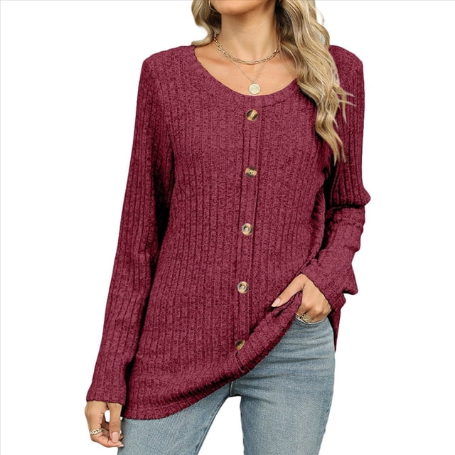 Suéteres Ligeros para Mujer 2025, Camiseta Henley de Larga, Blusa Informal de Cuello Redondo para Otoño. Vino Tinto M