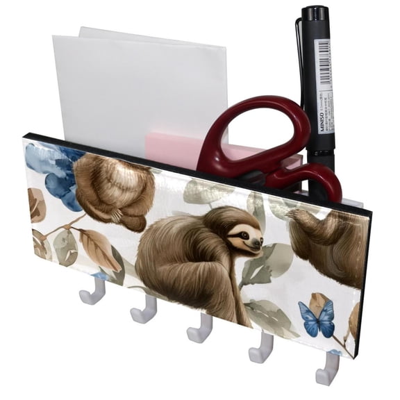 PhooArto Key Holder for Wall Decorative with 5 Key Hooks, Blue Butterfly Sloths Pattern Holders Wall Mount Organizer with Mail Key Rack, Self Adhesive