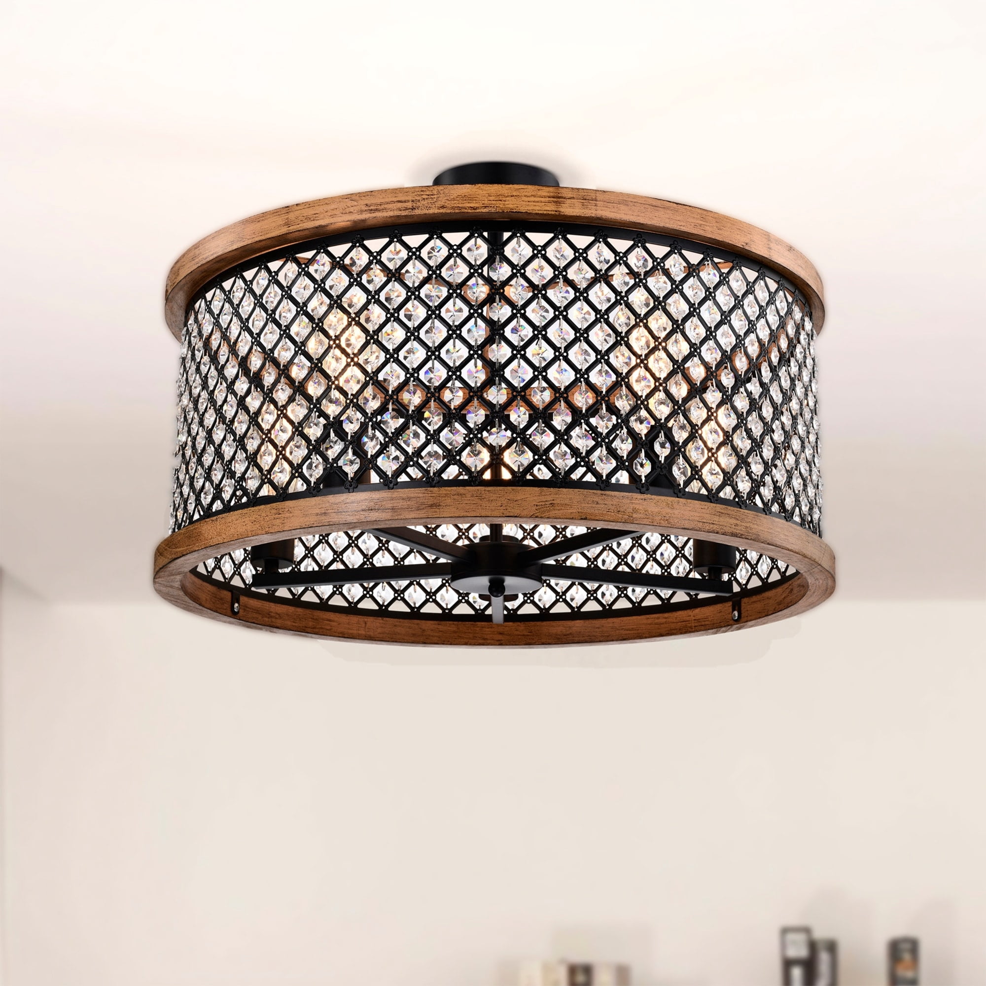 Olyvia 24 in. 5-Light Indoor Chrome and Faux Wood Grain Finish Semi-Flush Mount Ceiling Light with Light Kit