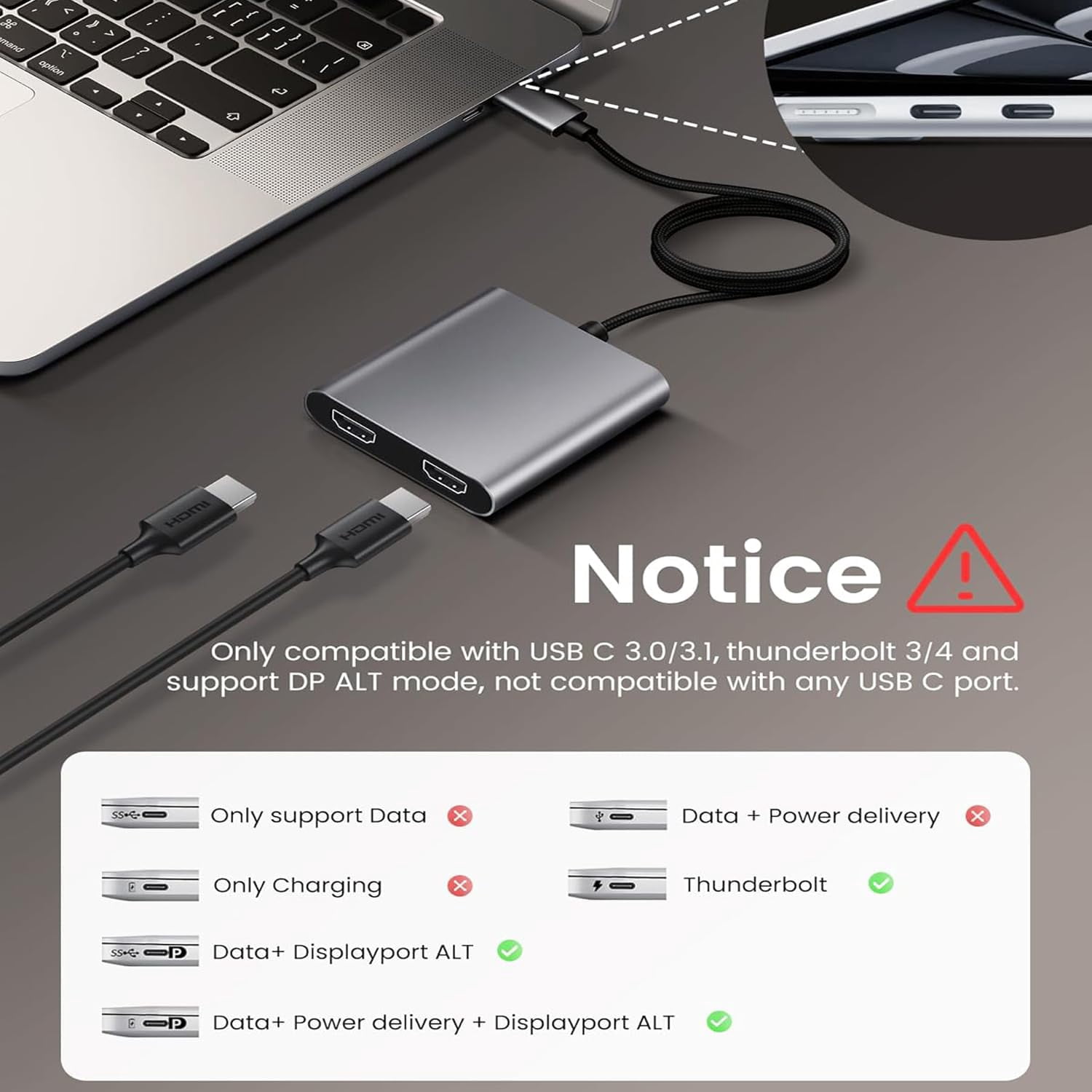 USB C to Dual HDMI Adapter, 4 in 1 USB Type C Hub with 2 HDMI/USB3.0 /PD Charging, Dual Screen Display USB-C Docking Station for Windows, MacOS
