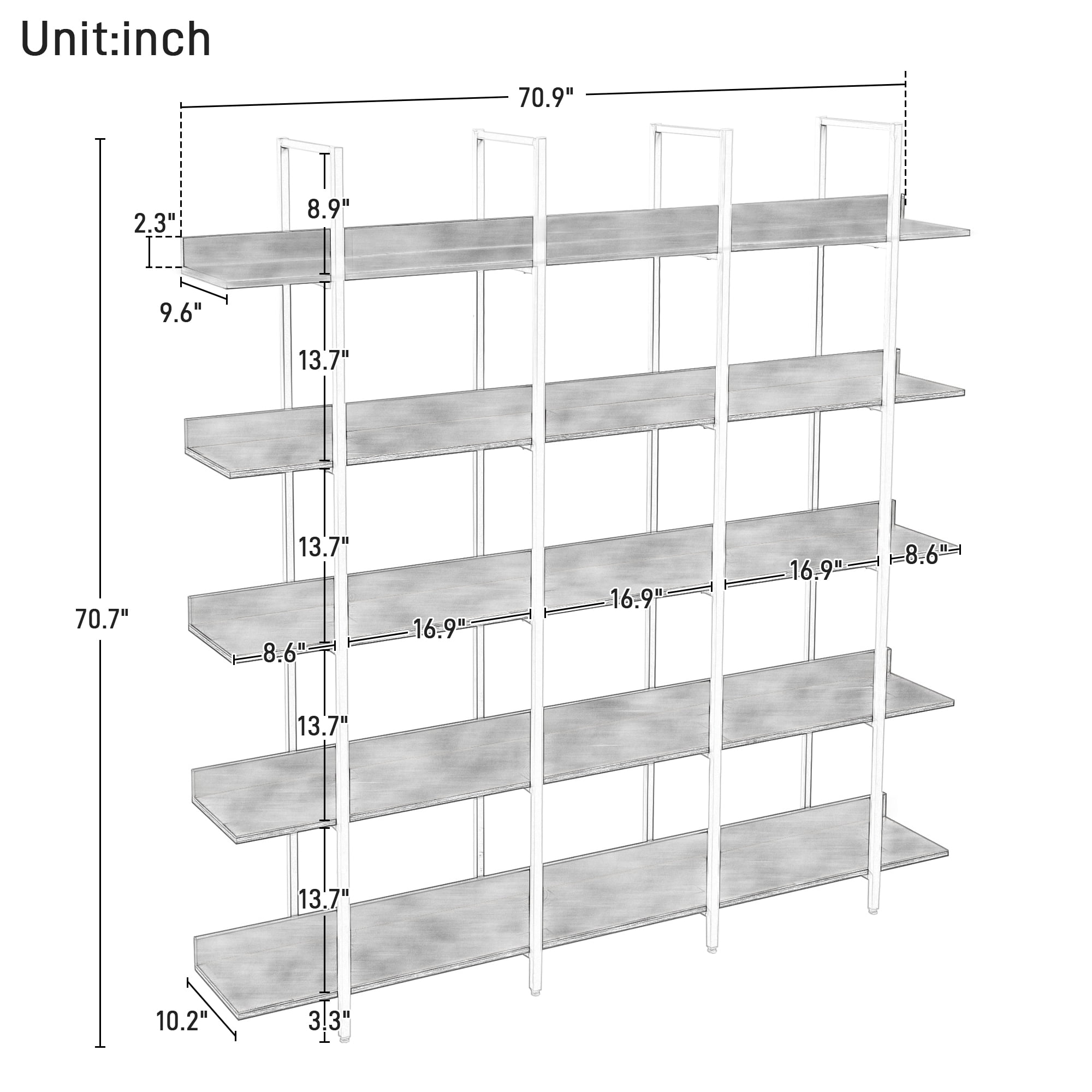 Euroco 5 Tier Bookcase Home Office Open Bookshelf, Vintage Industrial Style Shelf, MDF Board, Black Metal Frame