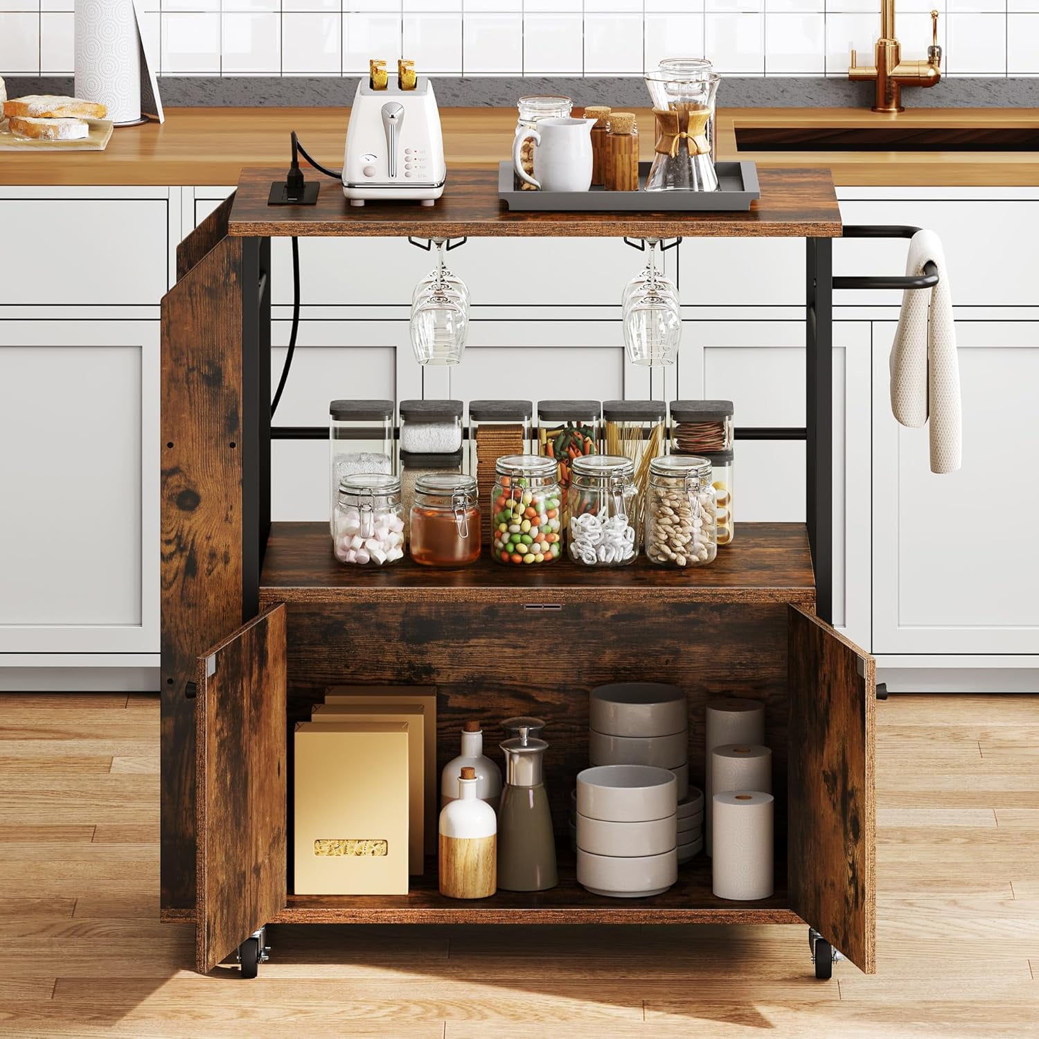 Kitchen Island Cart with Power Outlet, 36 Inch Mobile Kitchen Cart with Open Shelves, Rolling Portable Serving Utility Carts on Wheels with Storage for Kitchen, Dining Room, Brown