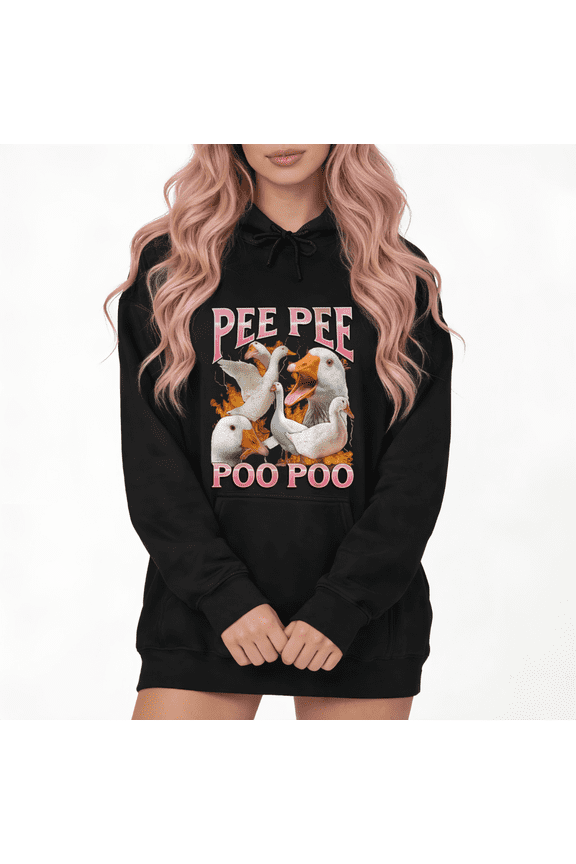 Silly Pee Pee Poo Poo Duck Flock Design Graphic Hoodie Dress Womans Print White/Black Size S-2XL Casual Hangout Relaxed Fit Tops