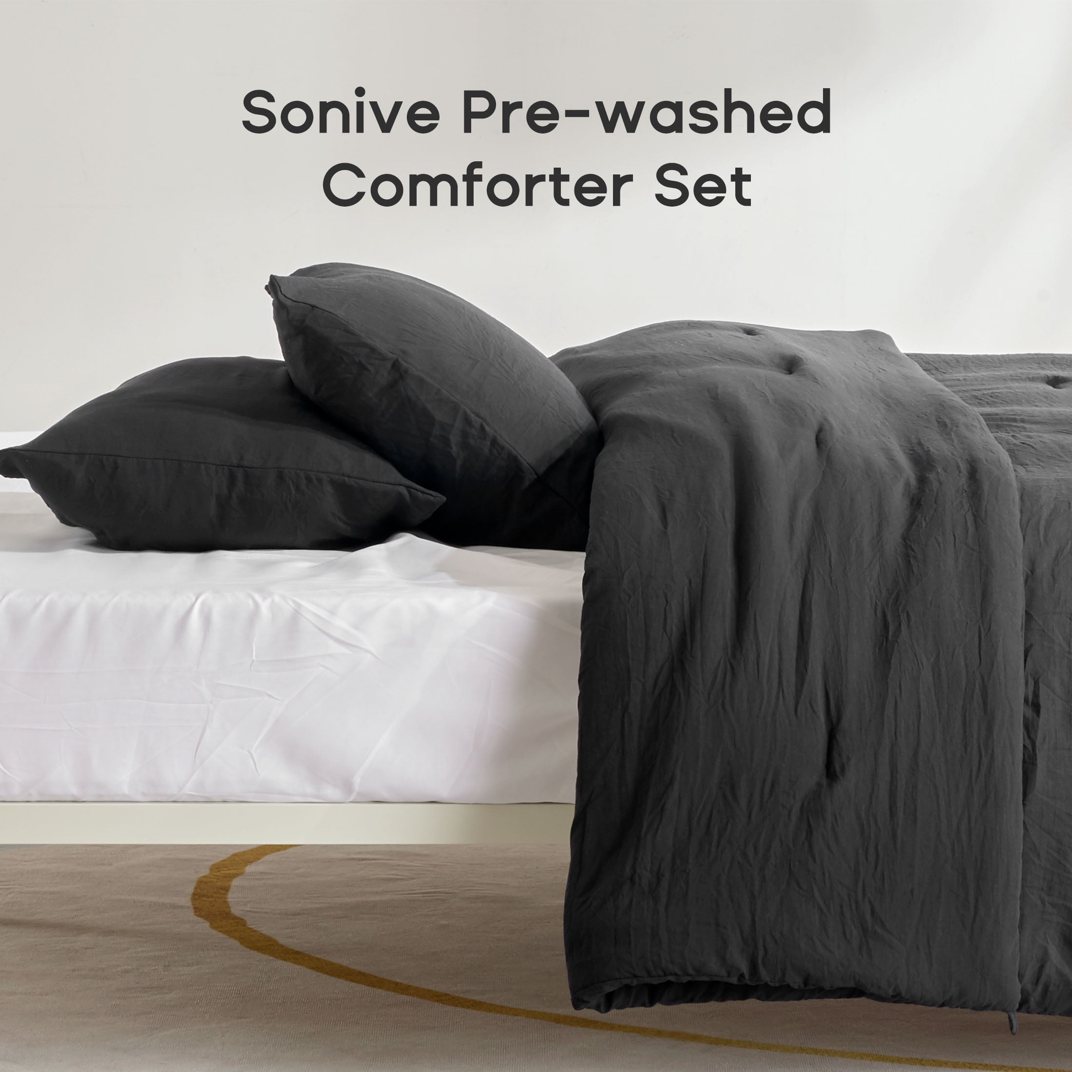 Sonive Washed Comforter Sets Queen 3 Piece, Soft and Cozy, Fluffy Microfiber Fill, Washed Textured Wrinkled Design (Black)