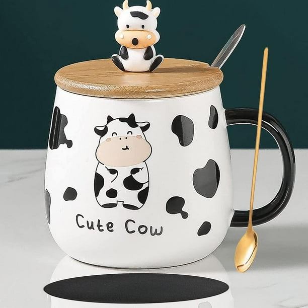 Taza de vaca bonita, regalos, taza Kawaii, tazas de café de vaca con tapa y cuchara, tazas de cerámica para té y café de 400ml, tazas de vaca en 3d, regalos de cumpleaños