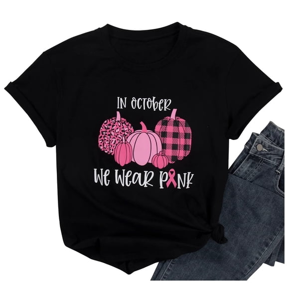 VILOVE Women Breast Cancer T-Shirt In October We Wear Pink Ribbon Shirts Pumpkin Graphic Tees Casual Halloween Tops