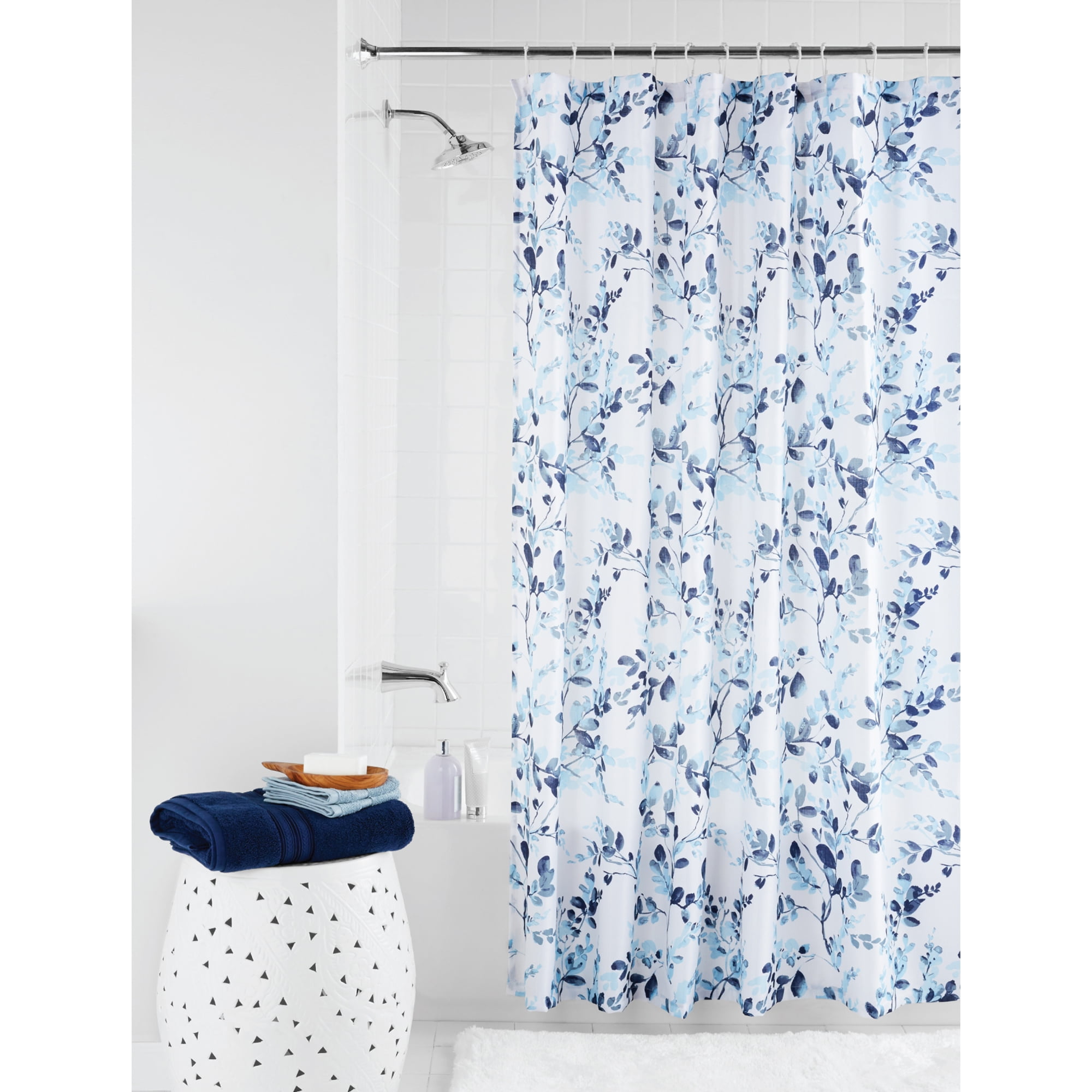 Blue Fabric Shower Curtain, 72' x 72', Mainstays Watercolor Botanical Floral Patterned