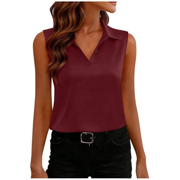 qucoqpe Summer Crop Tops for Women Fashion Casual Solid Color Lapel Collar Sleeveless Silk Tank Tops Dressy Work Business Shirts