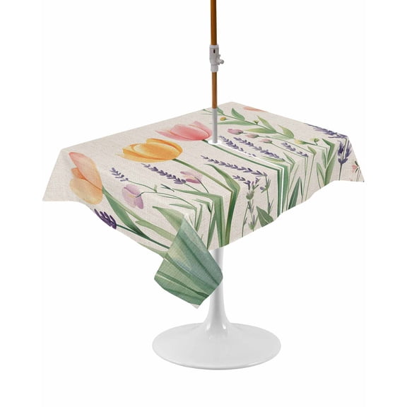 Outdoor Table Cloth with Umbrella Hole and Zipper, Spring Floral Waterproof Rectangle Tablecloth 60"x102", Pink Yellow Tulip Botanical Summer Washable Table Cover for Outside Party Patio Picnic