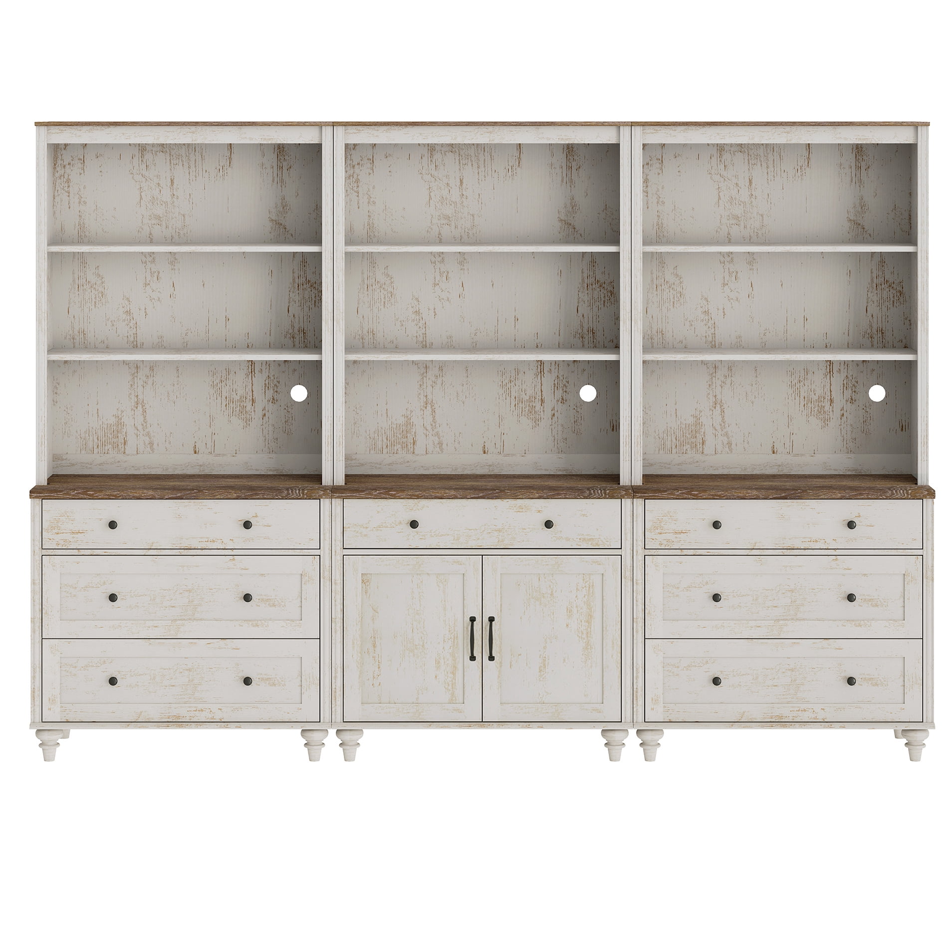 Farmhouse 5 Tier Bookcase With 7 Drawers and 2 Doors, Rustic White, 101.6" W