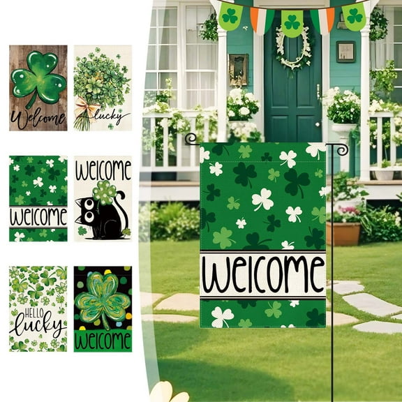 St. Patrick's Day Garden Flag – Four-Leaf Clover Design Outdoor Yard Banner, 12x18 In Durable Flax Decorative Flag for Porch Patio Lawn or Fence – Irish Festival Decoration for Holiday Celebrations