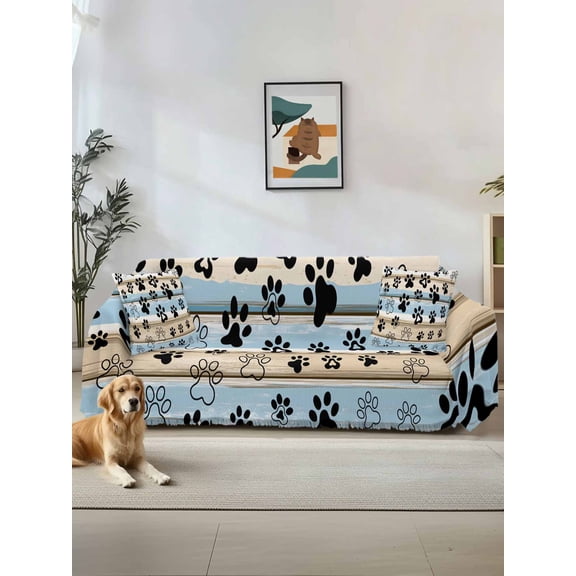 Blue Dog Paw Print Couch Cover for 2 Cushion Couch, Vintage Farmhouse Rustic Wooden Grain Washable Love Seat Sofa Covers Slipcover, Throw Sofa Covers for Pets, Furniture Protector 71"x102"