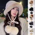 thumbnail image 2 of Xfvqtps Womens Cloche Bucket Hat Suede Pompom Strap Winter Color Matching Thick Coldproof Warm Outdoor Versatile Fall Winter Fluffy Plush Hat Coffee, 2 of 3