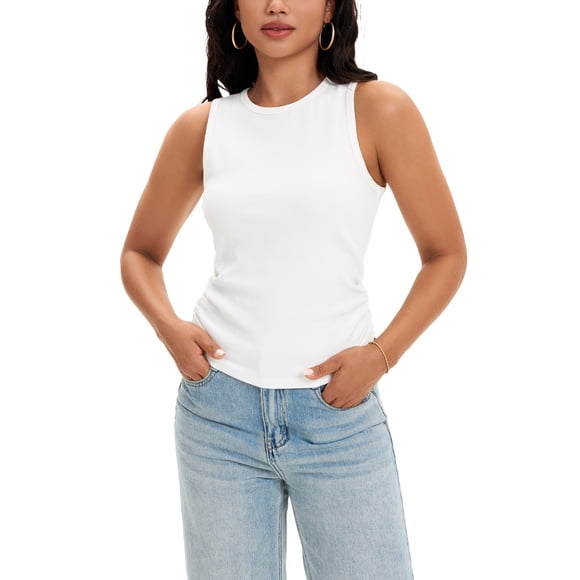 ATHLECHIC Camisetas sin mangas de verano con cuello redondo y fruncido para mujer XL blancas