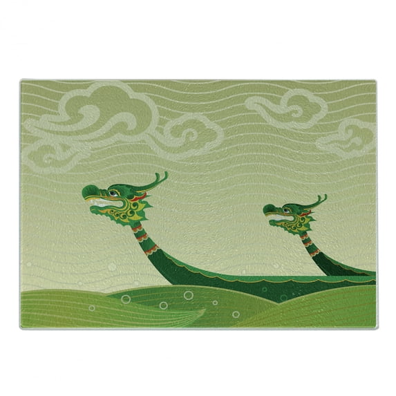 Dragon Cutting Board, Tatsu Mythical Animal Chips in Ocean Design, Decorative Tempered Glass Cutting and Serving Board, Small Size, Pistachio and Fern Green, by Ambesonne