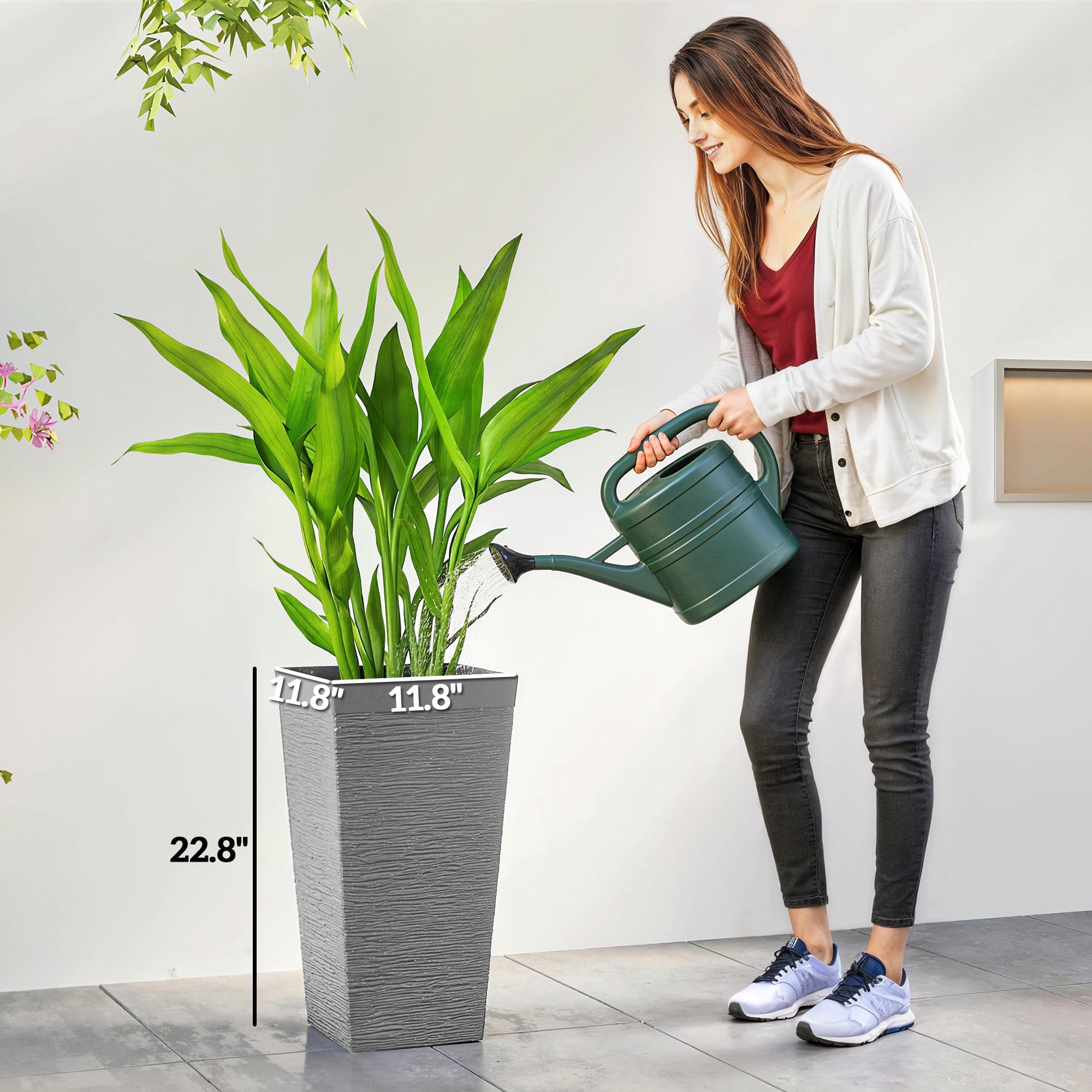 Outsunny 22.8 Inch Outdoor Planters, Set of 3 Plastic Flower Pots with Stone Finish and Wheels, Stackable Tapered Planters with Drainage Hole, Gray