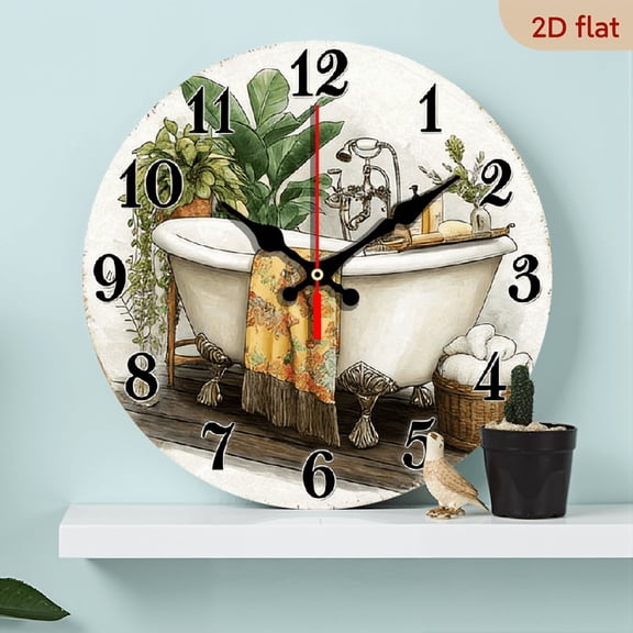 2D Flat, Silent Non-Ticking Wooden Wall Clock - Vintage Botanical Bathroom Decor with Greenery Bathtub Design, 10inch Round Circular Clock for Entryway, Living Room, Bedroom, Dining Room, Workspa