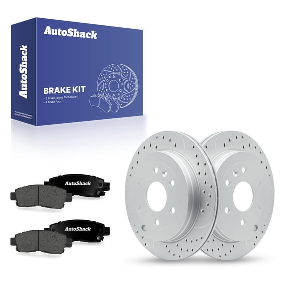 AutoShack Rear Vented Drilled & Slotted Coated Brake Rotors Silver Matte Finish   Premium Ceramic Pads 6-PC Brake Kit Replacement for 2007-2016 GMC Acadia TurboGuard 13.03" (331 mm)