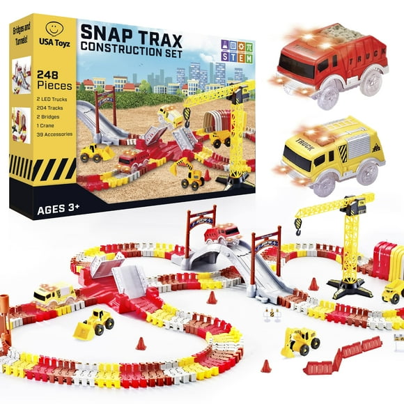 USA Toyz Snap Trax Construction Set Race Tracks and LED Toy Cars - 248 Pk STEM Building Toys Car Race Tracks Set with Bendable Race Car Track for Boys Girls, 3 Trucks, and 2 Light Up Toy Car