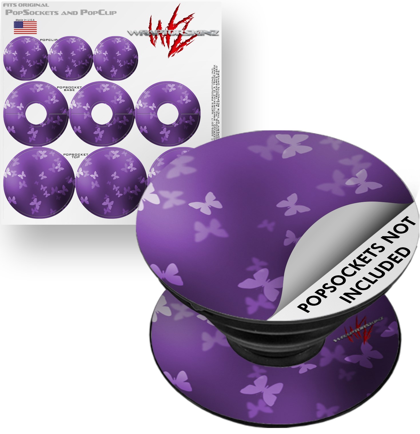 Decal Style Vinyl Skin Wrap 3 Pack for PopSockets Bokeh Butterflies Purple (POPSOCKET NOT INCLUDED) by WraptorSkinz