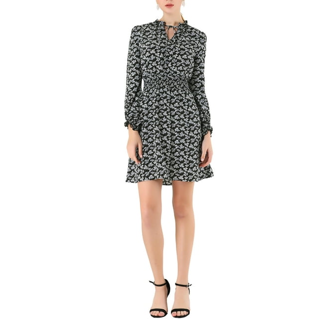 INSPIRE CHIC Robe Mini à Fleurs pour Femmes, Taille Smockée, Manches Bouffantes, Col à Nouer, m Noir