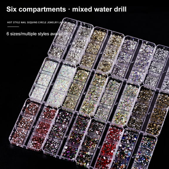 opvise 6 Grids/Box 1688Pcs Fingernail Ornament DIY Decorative Glass Nail Art Accessories Super Flash Rhinestone for Personal Use