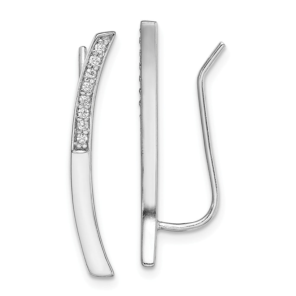 925 Sterling Silver Rhodium-plated Curved Bar CZ Ear Climber Earrings