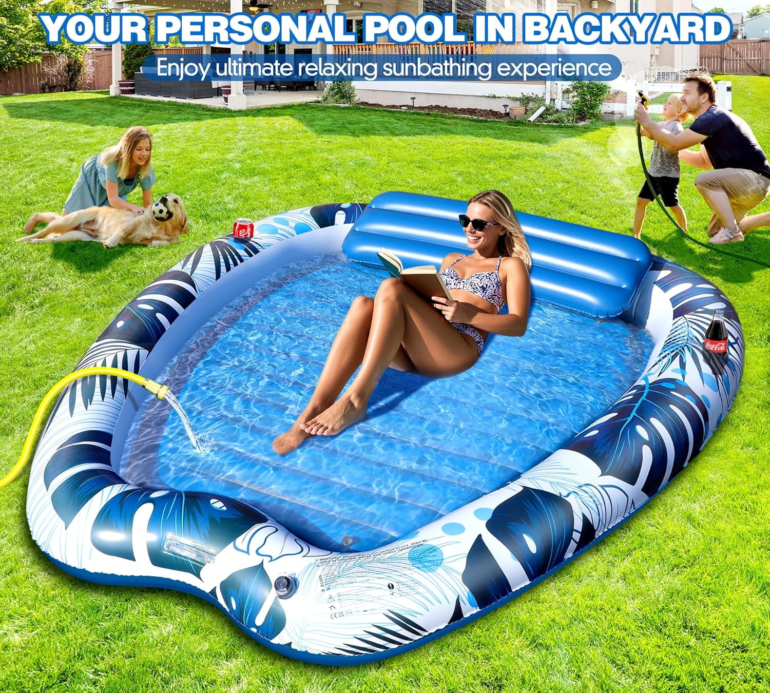 2026 Deluxe Inflatable Tanning Pool for 2 Person, 90x67Inch Tanning Pool Lounger Float for Adults, Blow Up Tan Water Bed Suntan Tub with Cup Holders, Personal Sunbathing Pools for Backyard