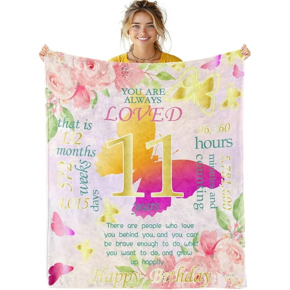 Cadeaux d'Anniversaire pour Fille de 11 Ans - Couverture Cadeaux d'Anniversaire pour Filles, Couverture Papillon Fleurs Cadeaux pour Filles Couverture en Flanelle Douce Florale Papillon pour Enfants Filles Cadeau d'Anniversaire, 80"x60 Pouces