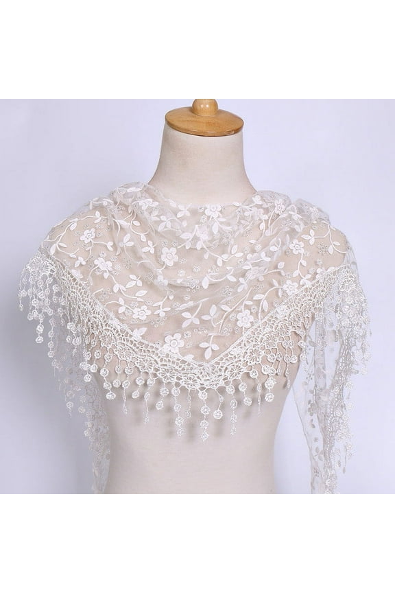Women's Lightweight Lace Scarf Elegant Chiffon Embroidered Fringes Triangular Floral Crochet Sheer Wrap Scarves Shawl White