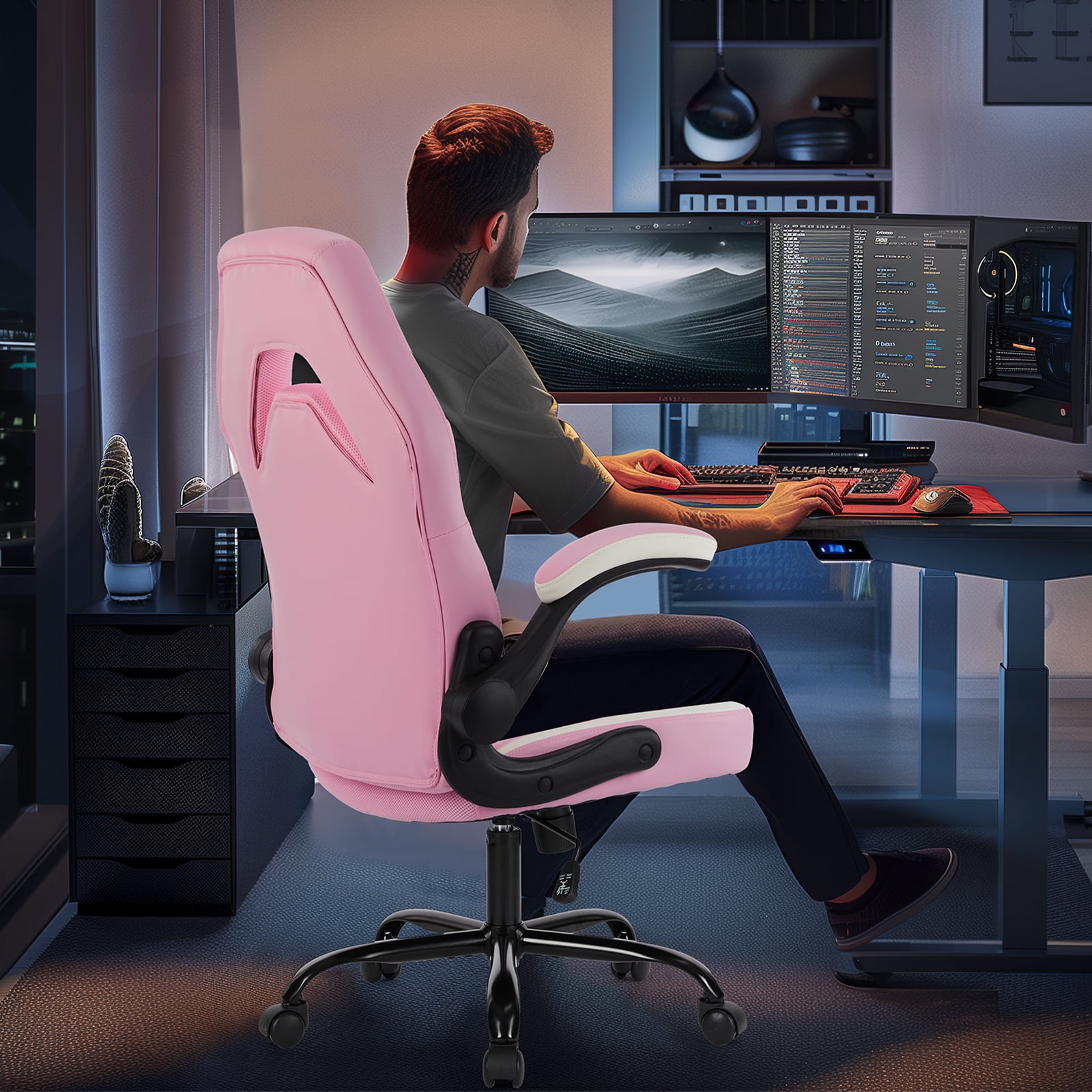 GIANNA Computer Gaming Desk Chair, Ergonomic Office Executive Adjustable Swivel PU Leather Racing Chair with Flip-up Armrest, Pink White
